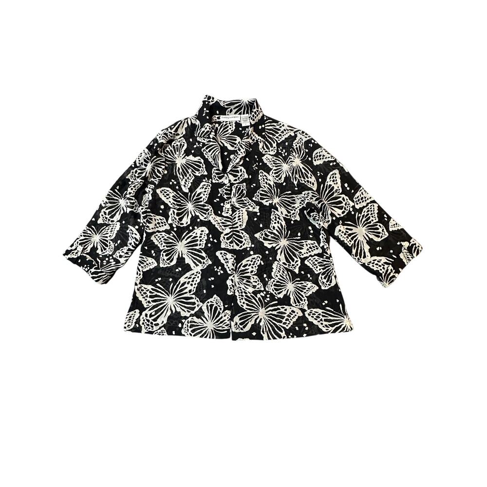 Cathy Daniels Black White Butterfly Blouse – Size L – Textured Button-Up Shirt